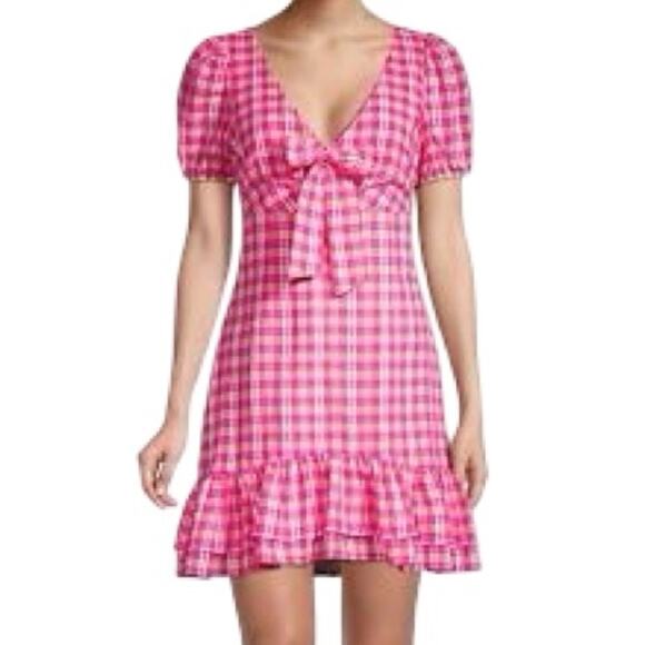 Likely Pink Yellow White Gingham Tie Front Ruffle Kai Mini Dress size 10 NEW Tag - Picture 1 of 11